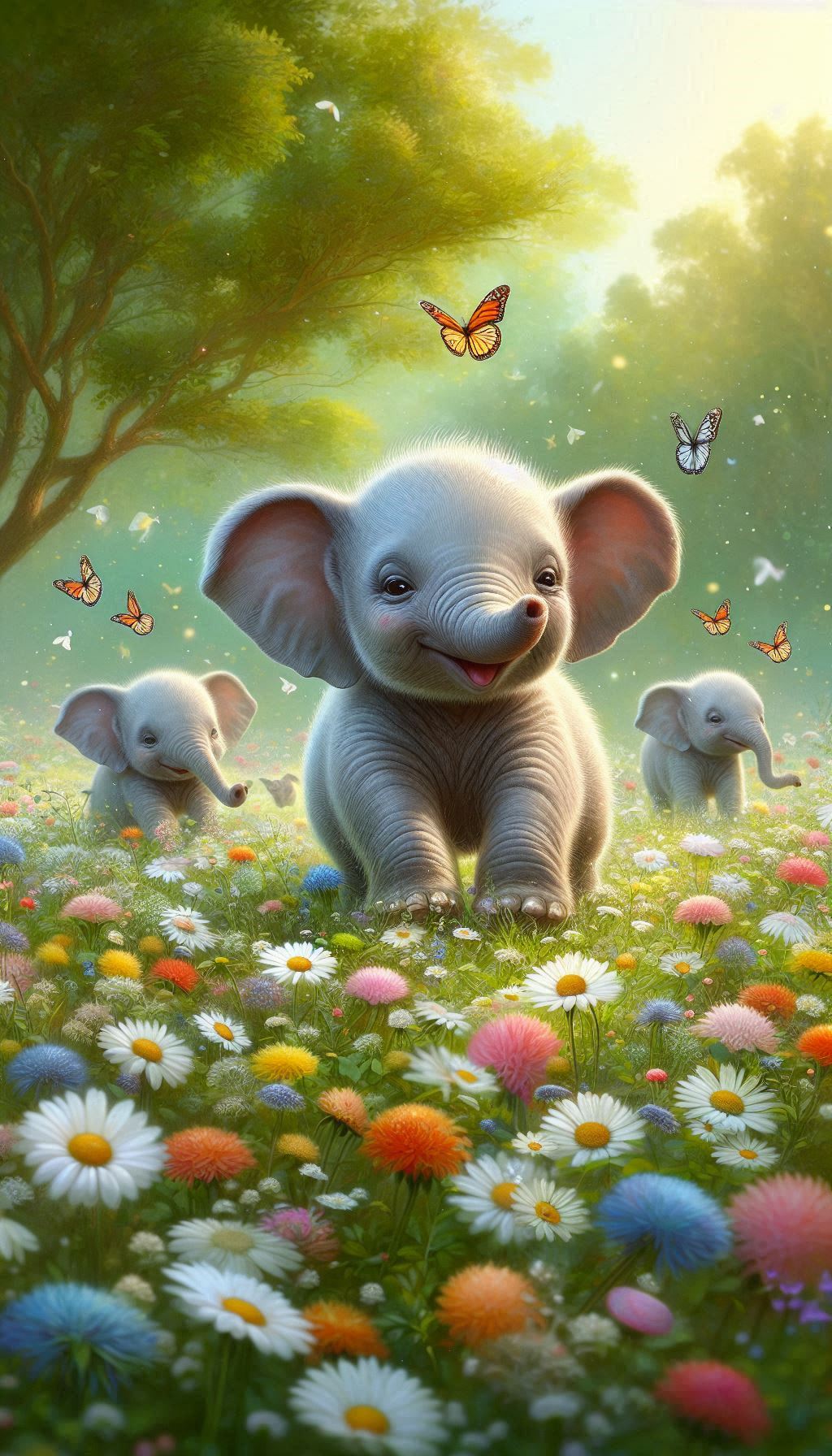 Charming Baby Elephants Frolicking in a Field of Wildflowers