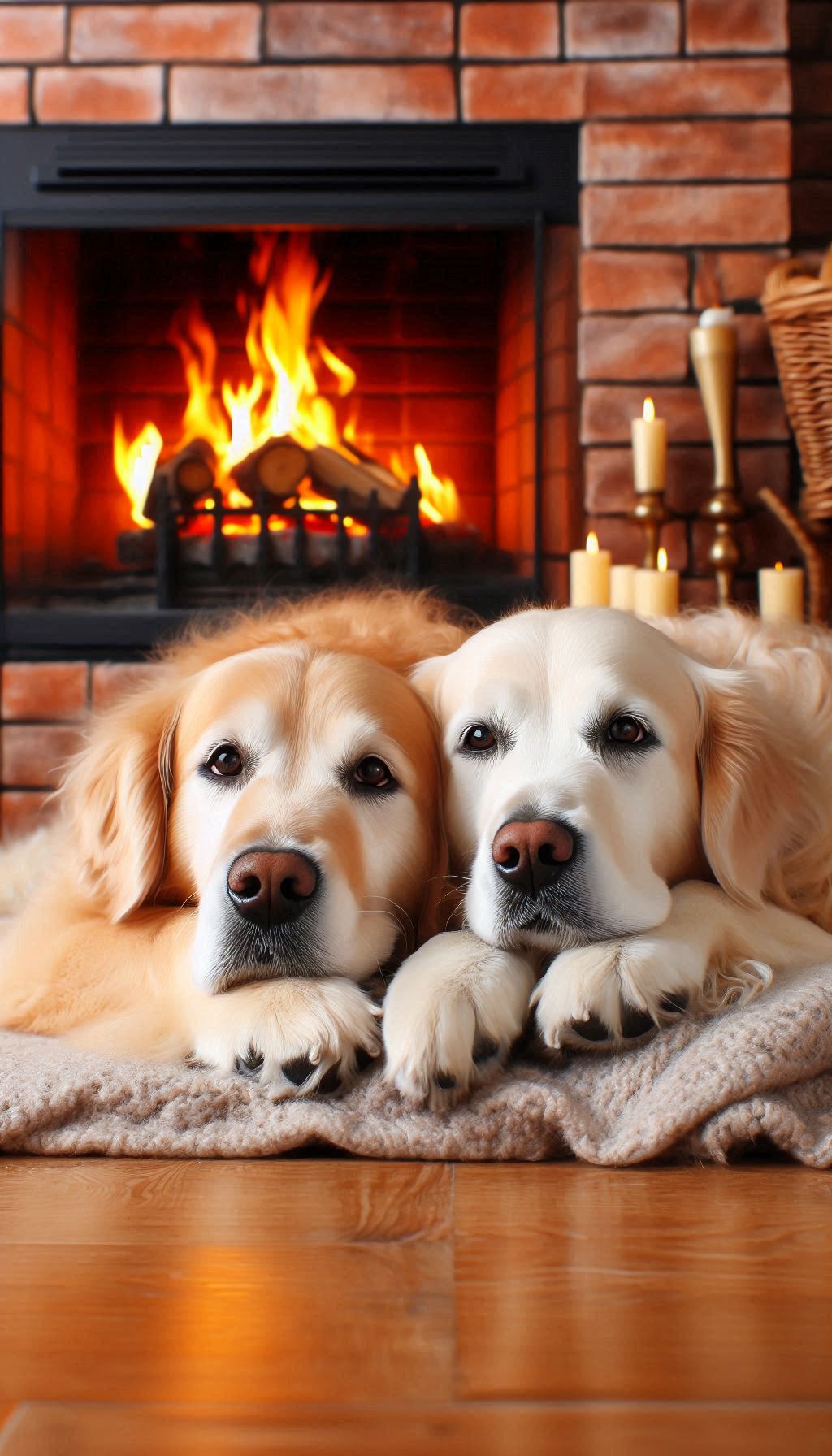 Charming Golden Retriever Couple Cuddling by a Fireplace