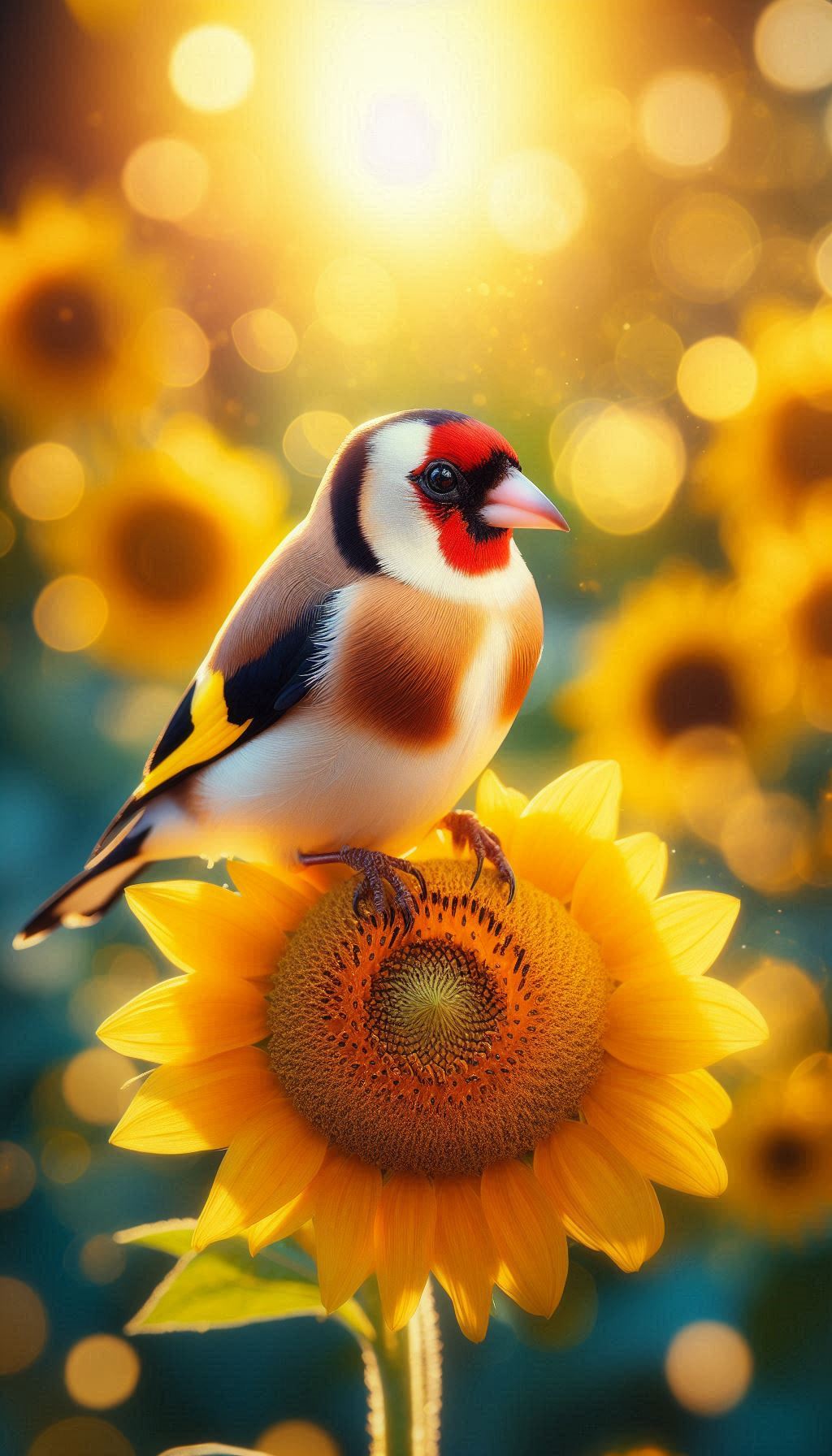 Charming Goldfinch on a Sunflower in a Bright Garden