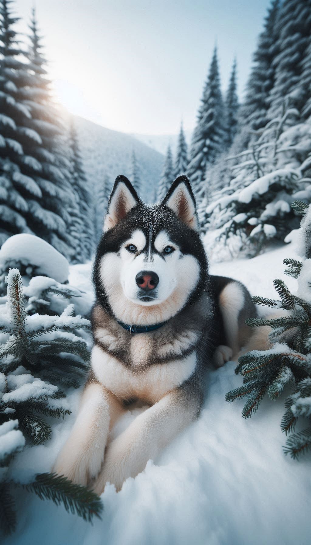 Charming Husky Dog Surrounded by Snow-Covered Pines
