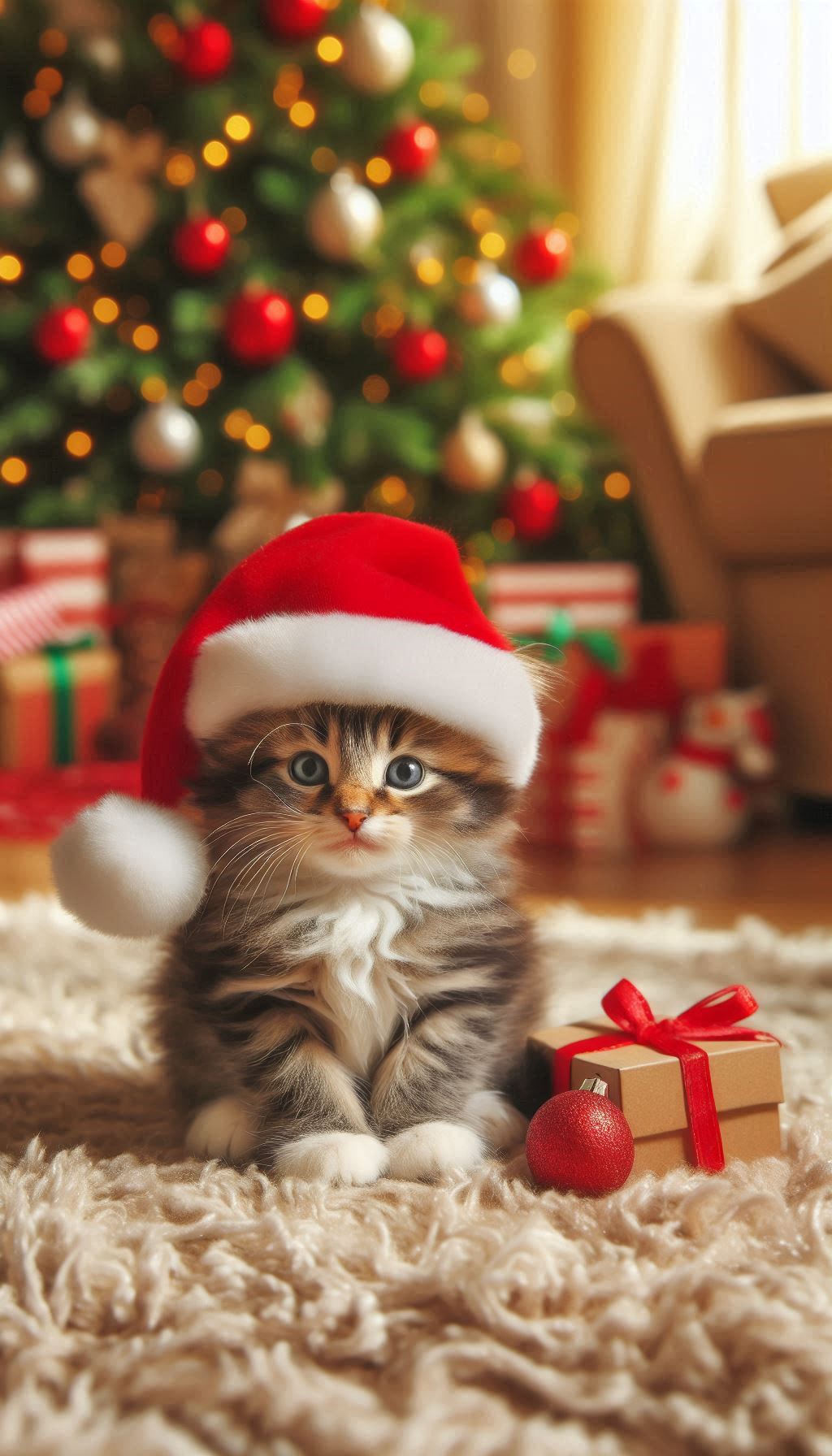 Charming Kitten with a Santa Hat Sitting by a Christmas Tree