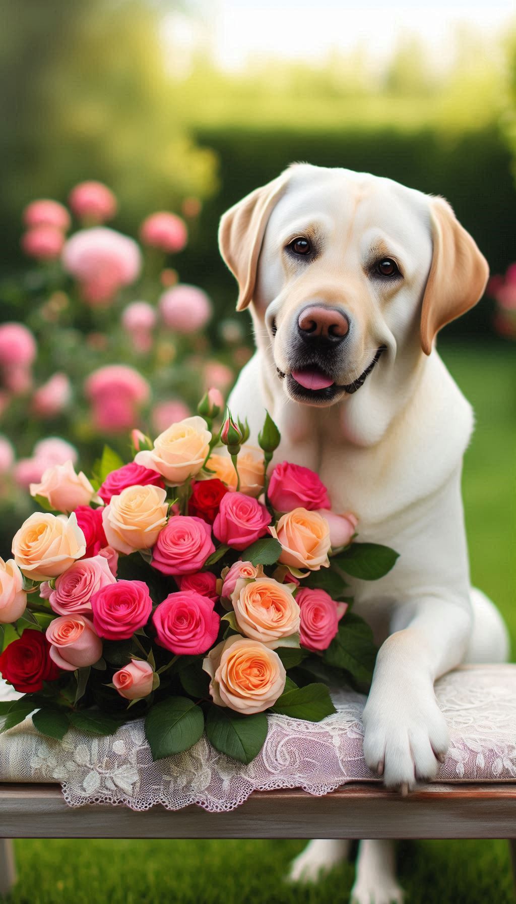 Charming Labrador Holding a Bouquet of Roses in a Serene Garden