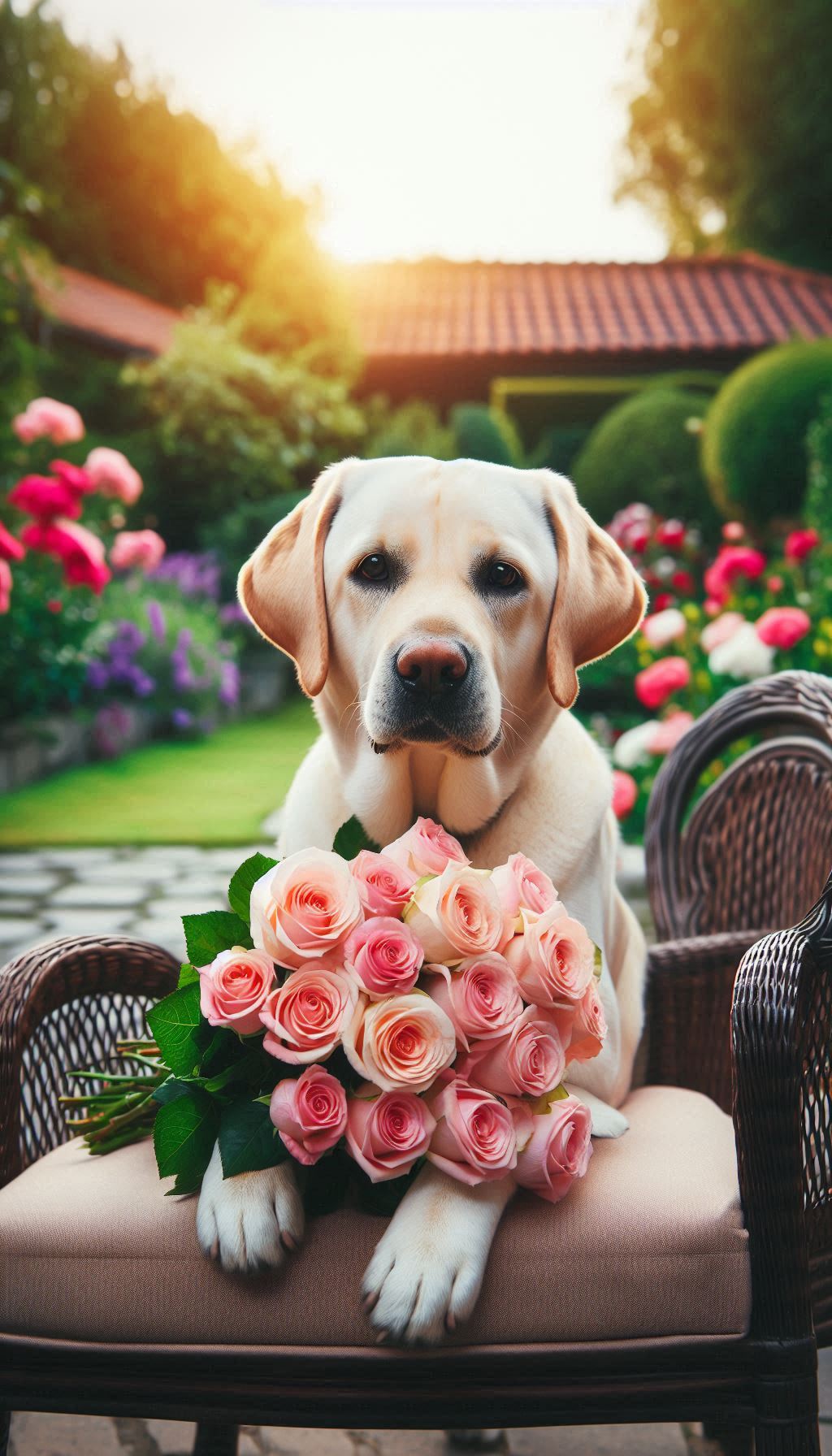 Charming Labrador mobile wallpaper sitting in a quiet garden holding a bouquet of roses