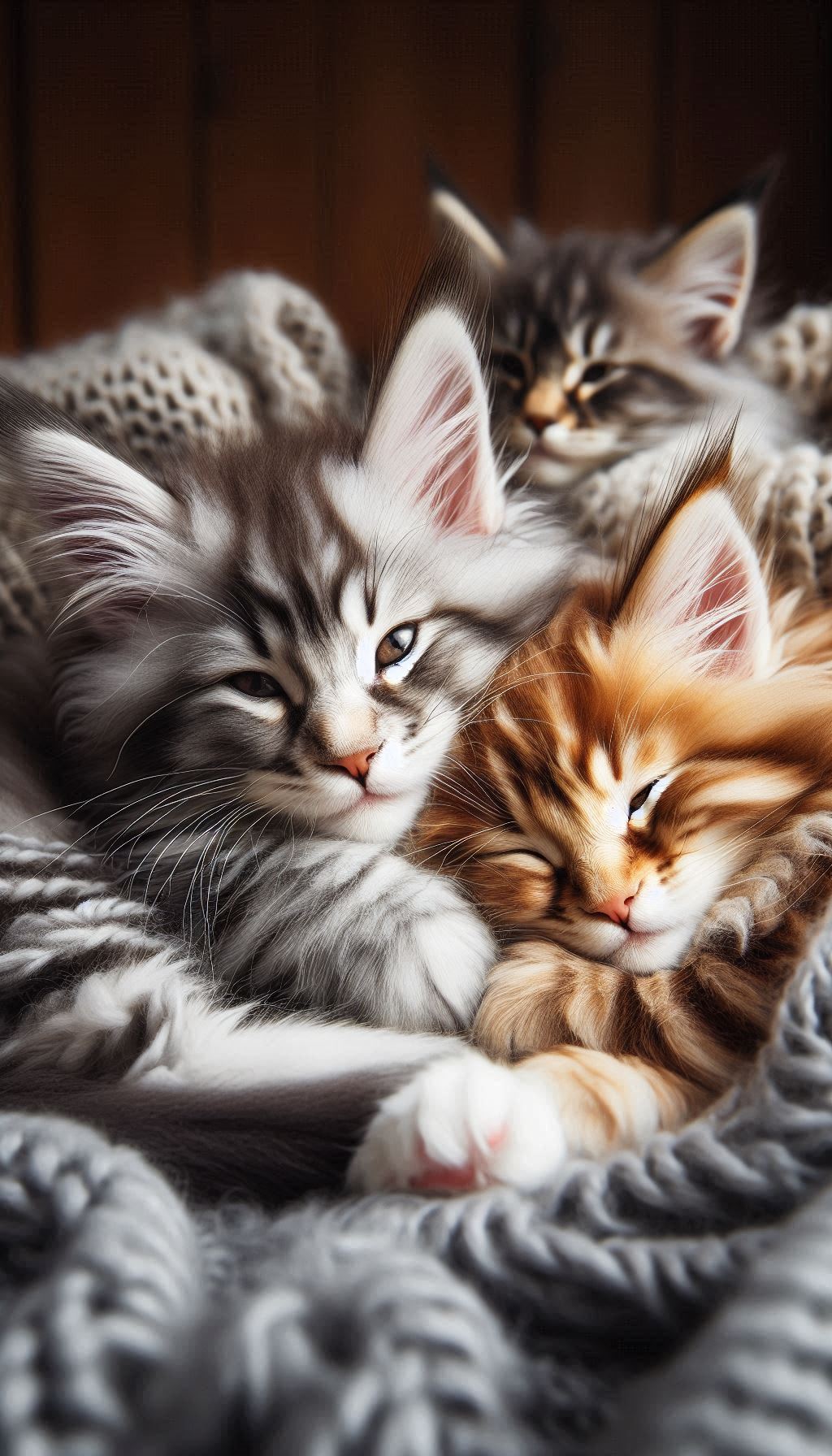 Charming Maine Coon Kittens Snuggling Together on a Soft Blanket