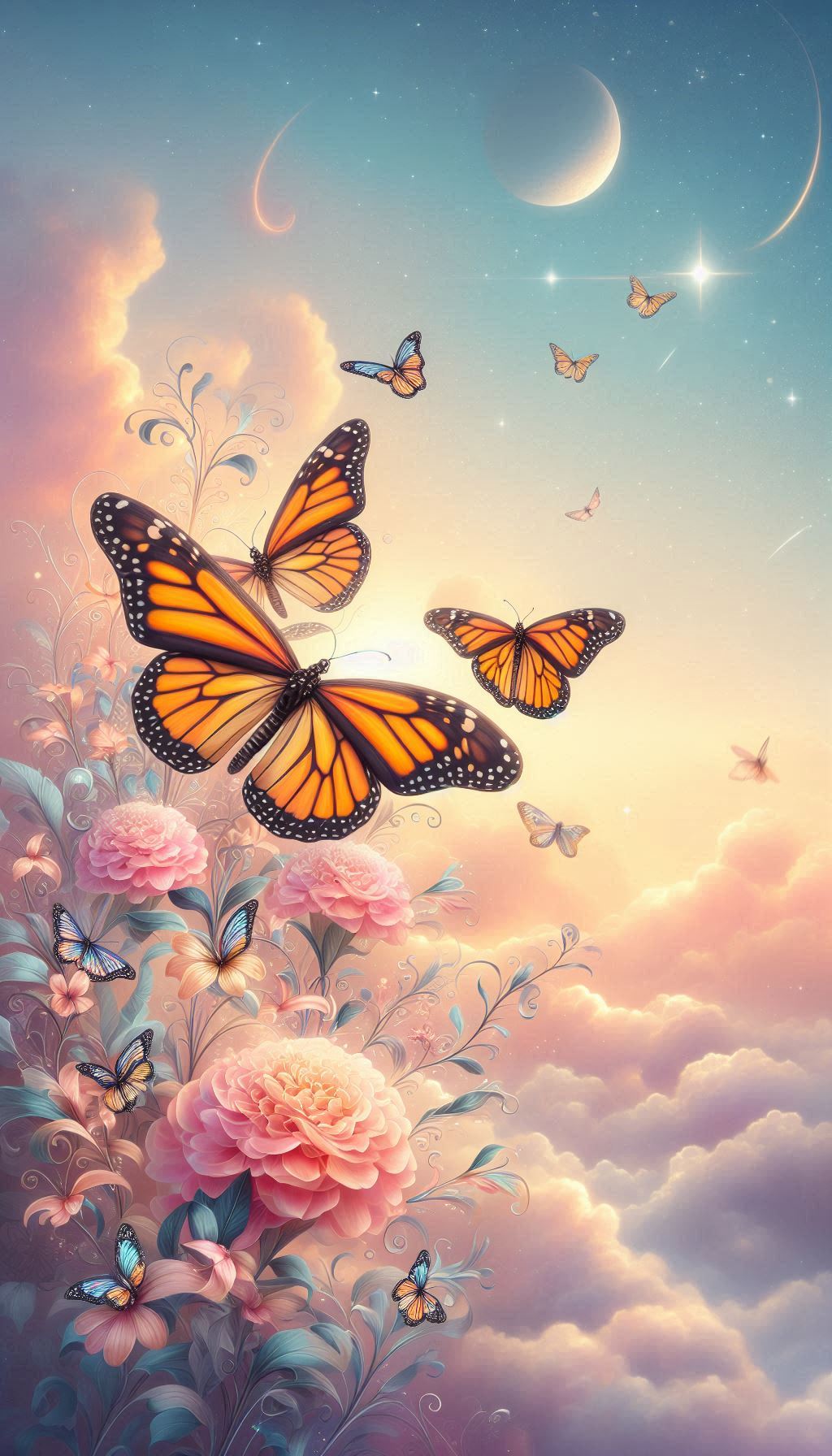 Charming Monarch Butterflies Over a Soft Pastel Background Wallpaper
