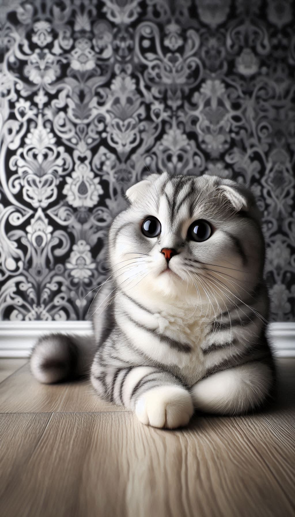 Charming Scottish Fold Posing Next to Silver Tabby Patterned Walls