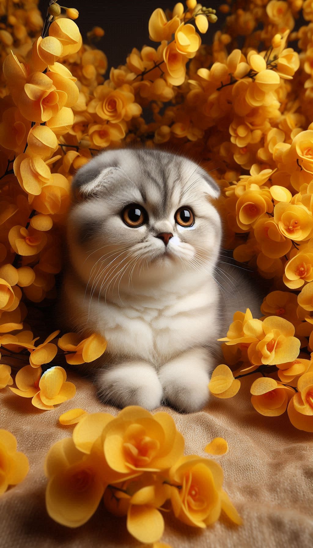 Charming Scottish Fold Surrounded by Lush Chinchilla Golden Wallpaper