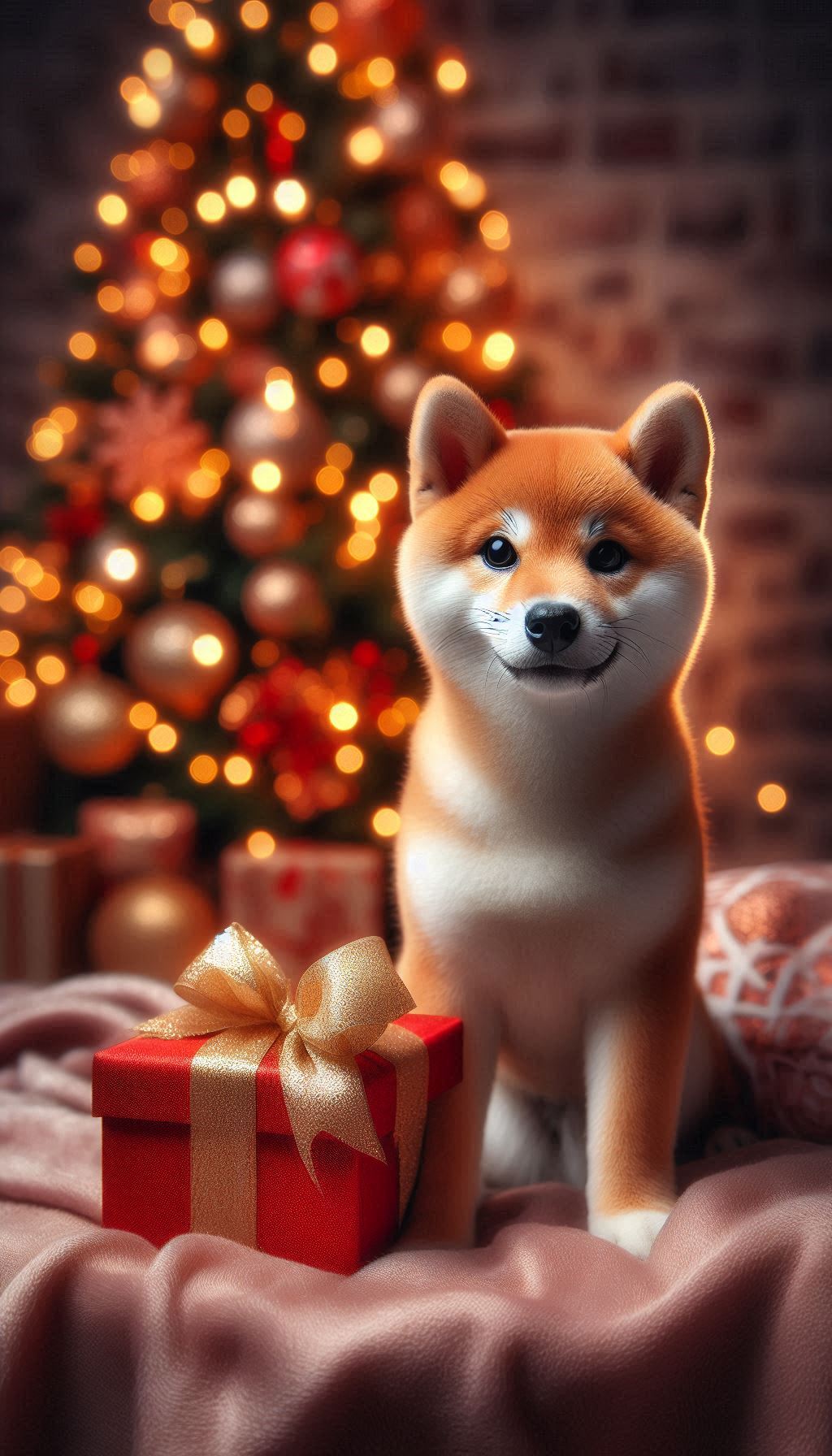 Charming Shiba Inu Against a Backdrop of Festive Lights