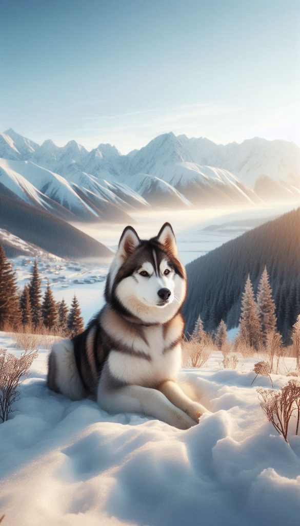 Charming Siberian Husky Sitting on a Snowy Hill with Mountains in the Background