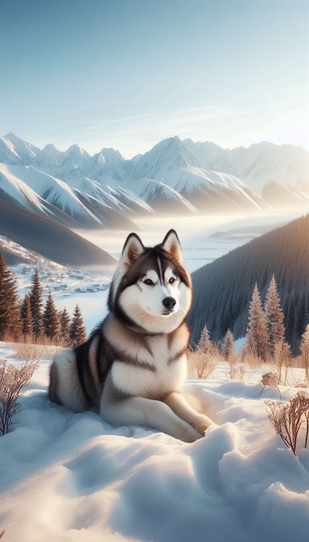 Charming Siberian Husky Sitting on a Snowy Hill with Mountains in the Background