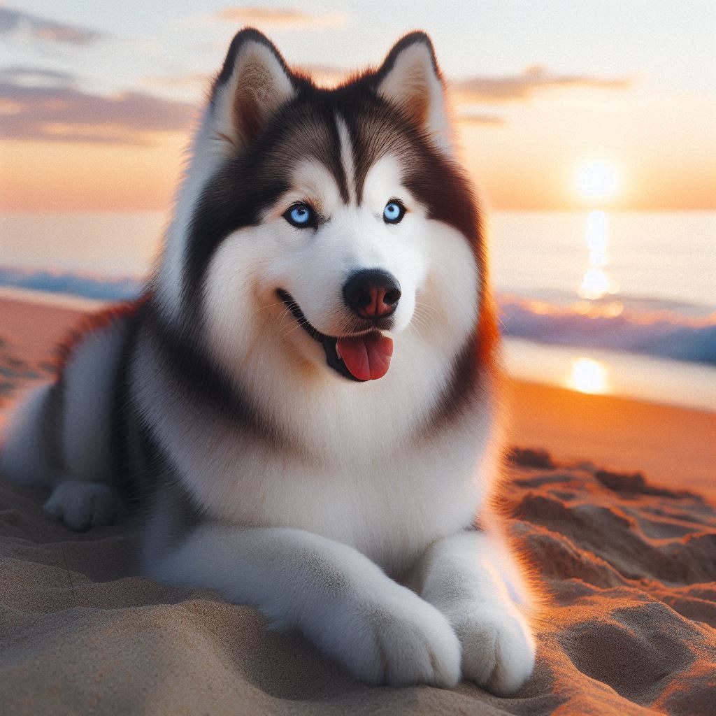 Charming Siberian Husky with Heterochromia relaxing on the beach at sunset HD photo for your phone