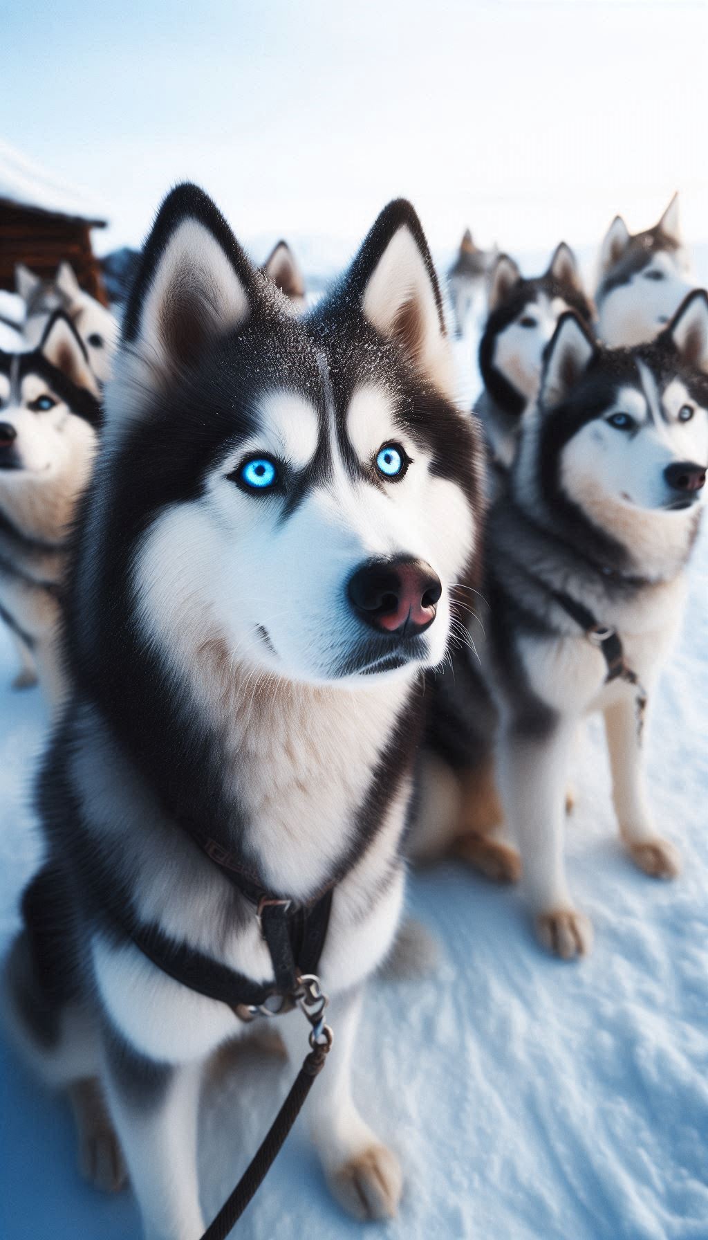 Charming blue eyed Husky among a group of snowy dogs, HD wallpaper for iPhone