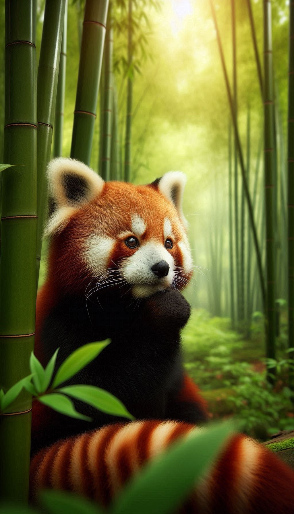 Charming red panda in bamboo forest, calmly sitting wallpaper for Android background