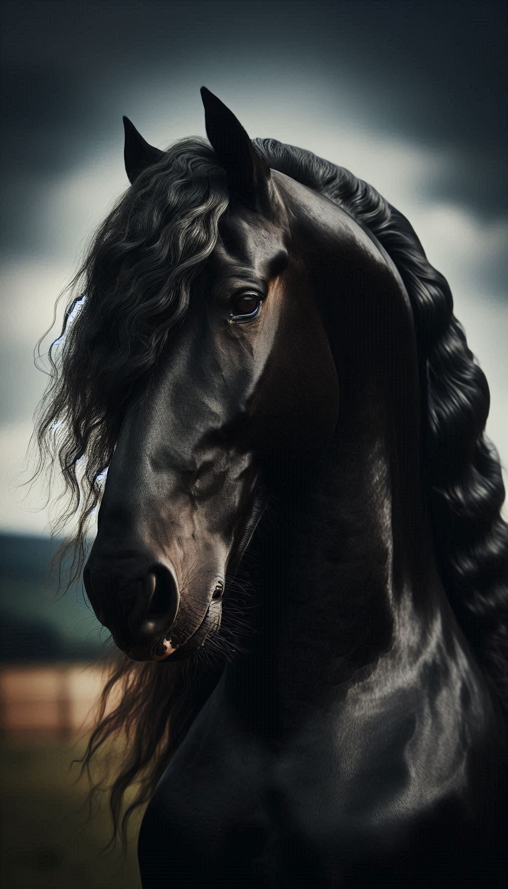 Close-Up Portrait of a Friesian Horse with Shiny Coat