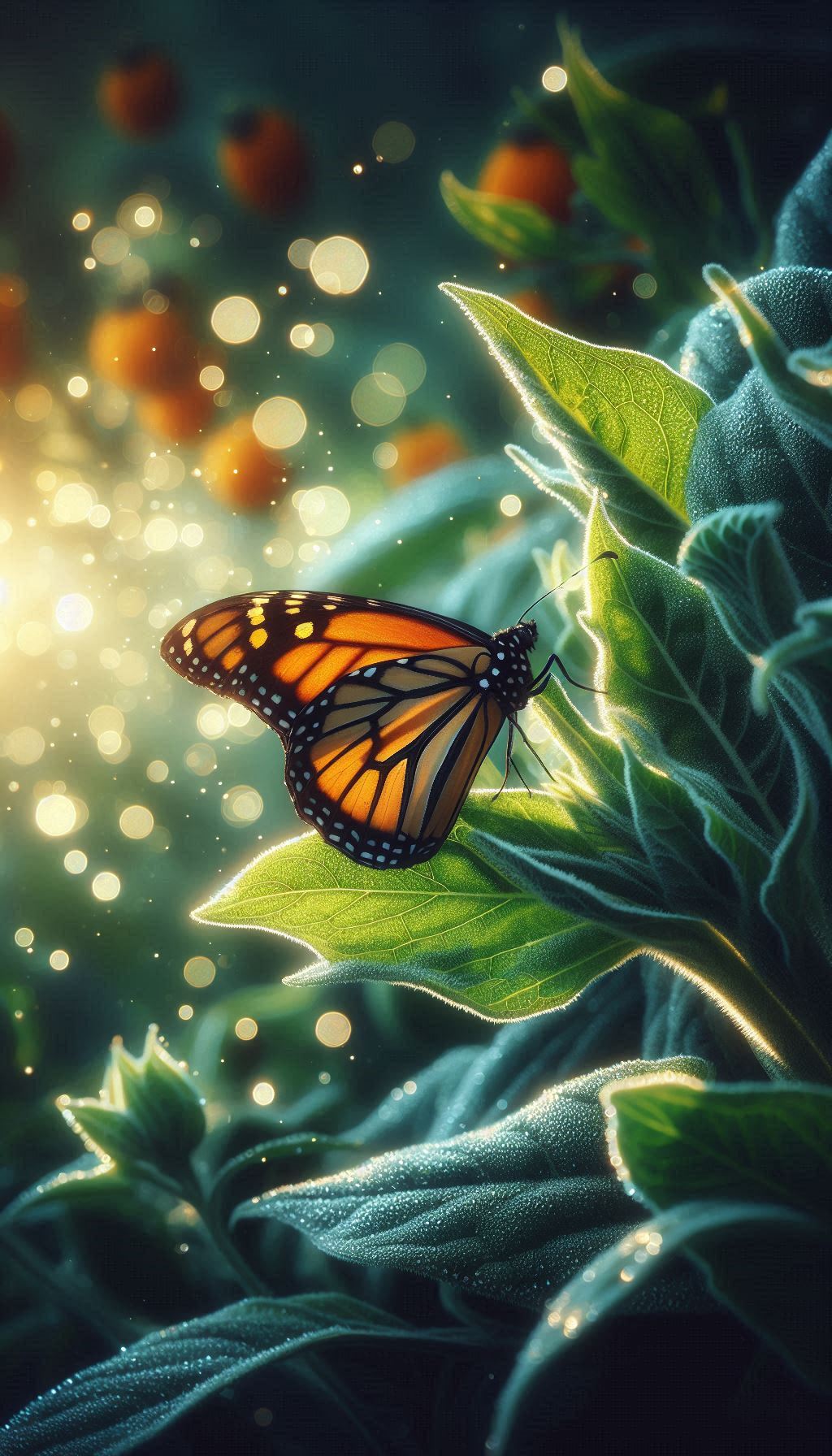 Close-Up of a Monarch Butterfly Resting on Green Leaves Wallpaper