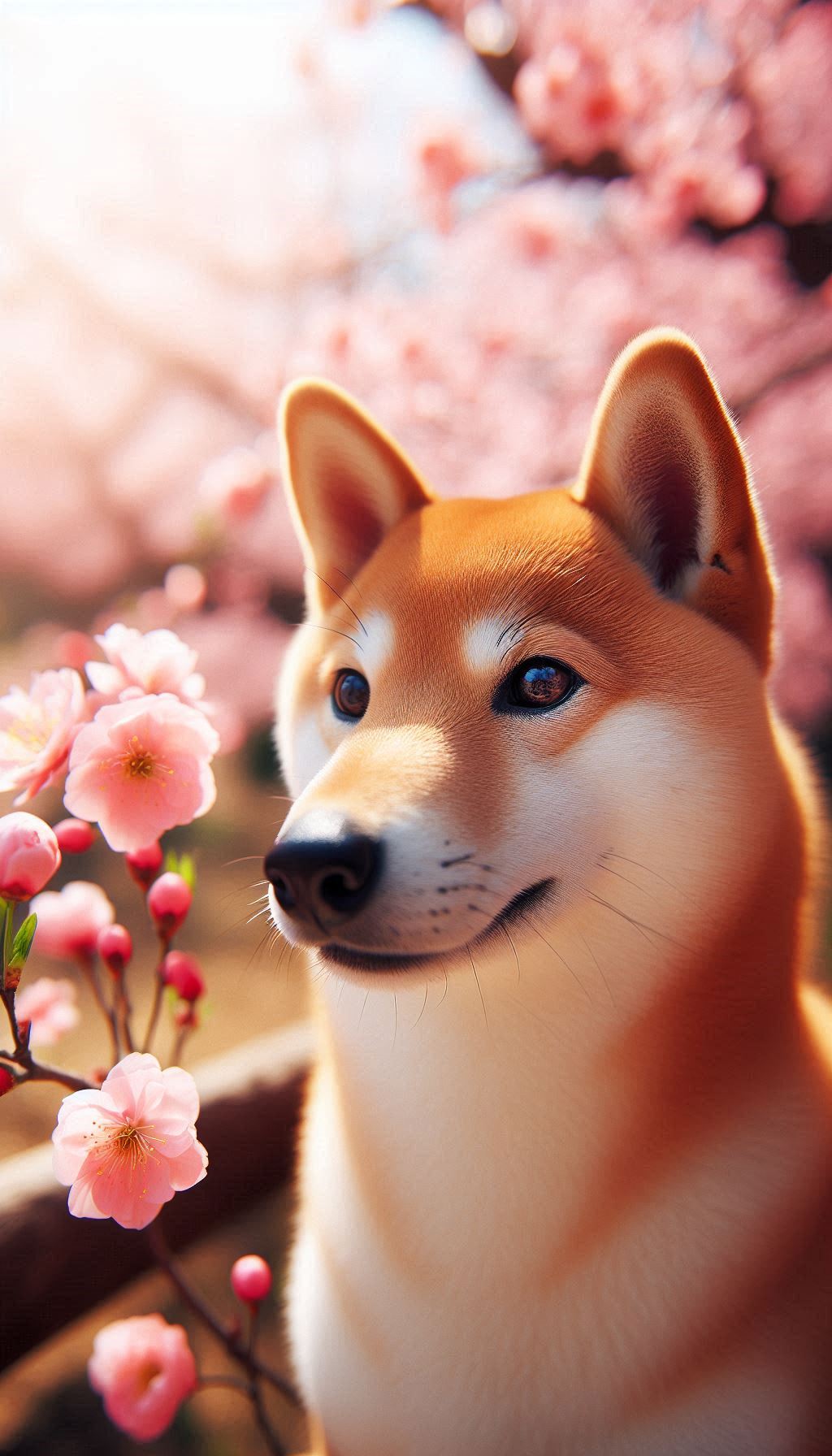 Close-up image of Shiba Inu with Molam petals in the background for iPhone
