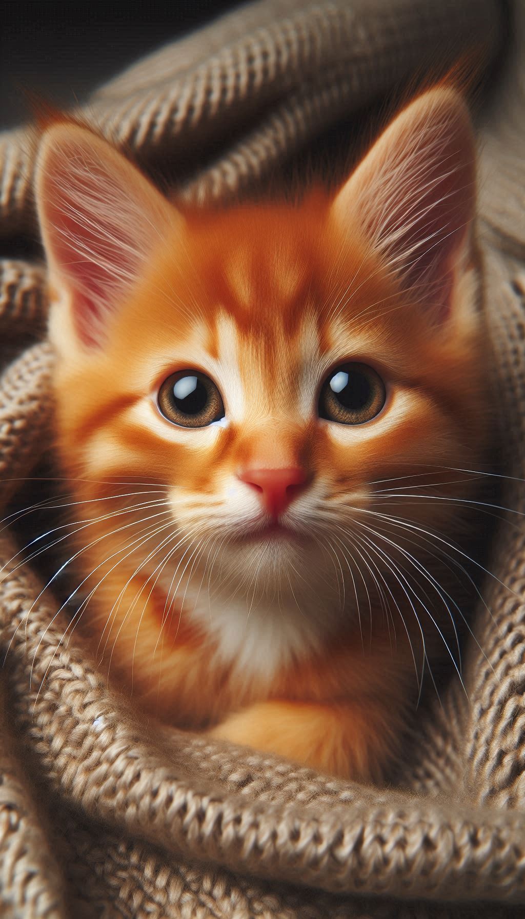 Close-up image of a ginger-colored kitten with whiskers for mobile wallpaper