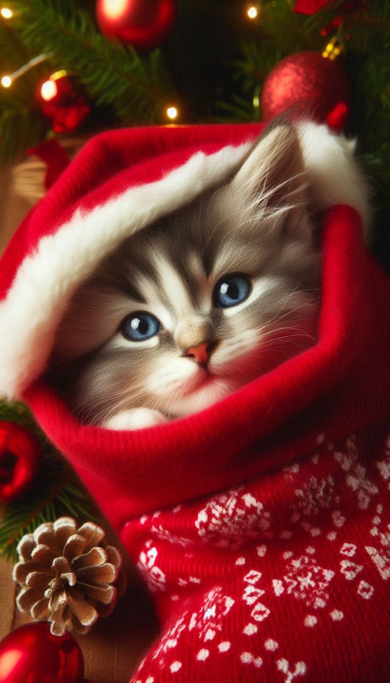 Close-up mobile wallpaper pictures of a kitten wrapped in a red Christmas stocking