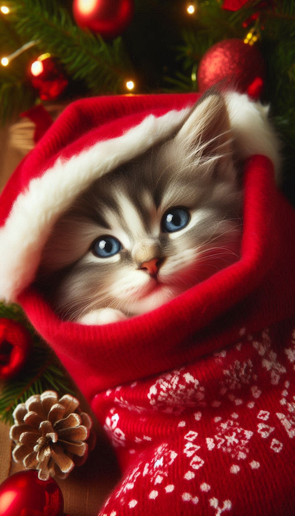 Close-up mobile wallpaper pictures of a kitten wrapped in a red Christmas stocking