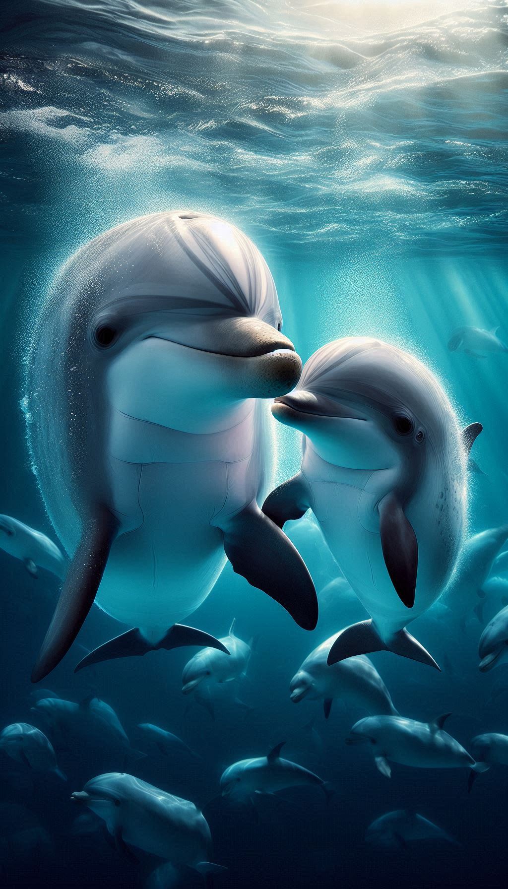 Close-up of Dolphin Family Love Mother and Baby Interaction HD Wallpaper for your Mobile