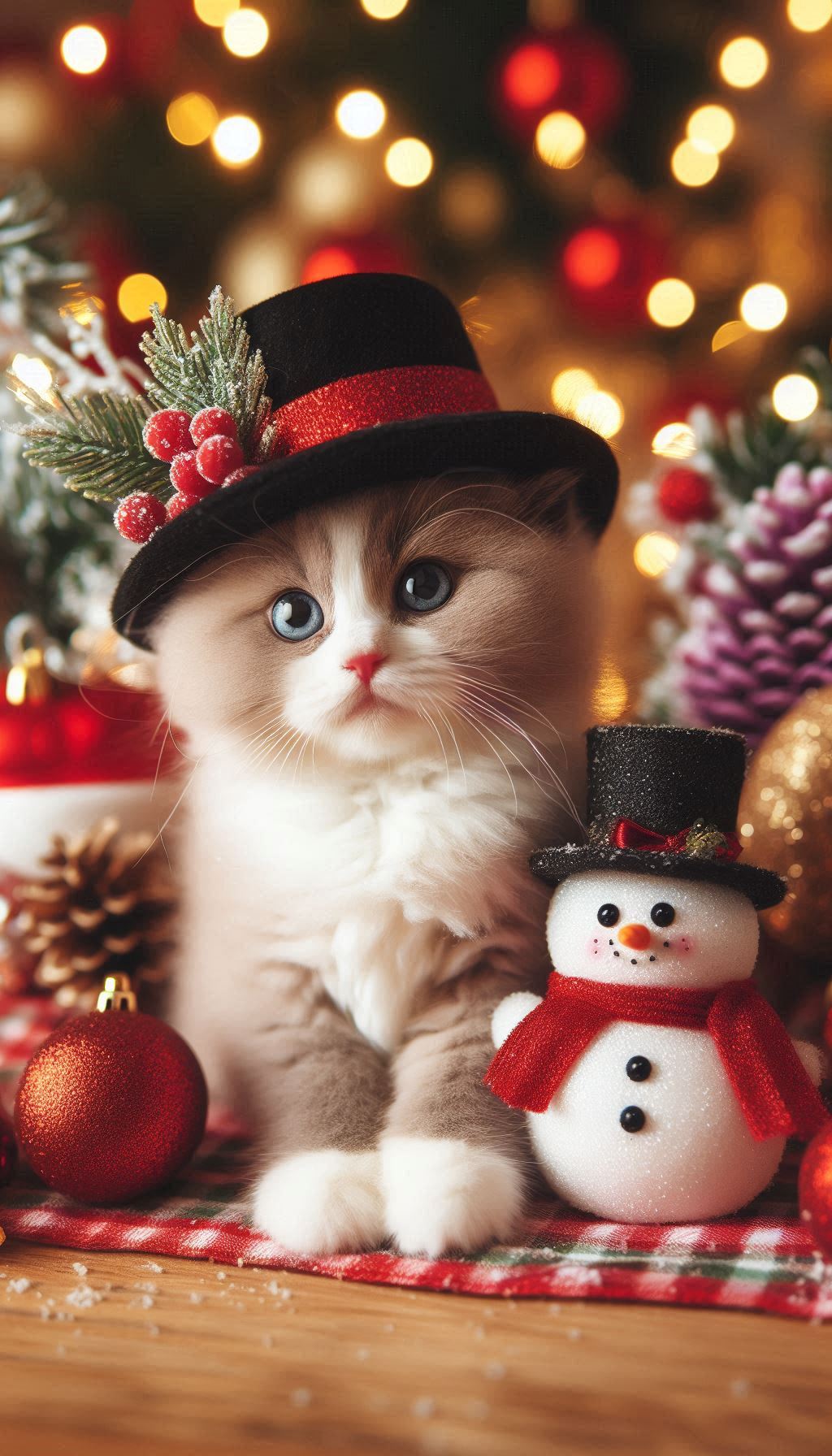 Close-up of a kitten with a snowman and holiday spirit HD mobile wallpaper
