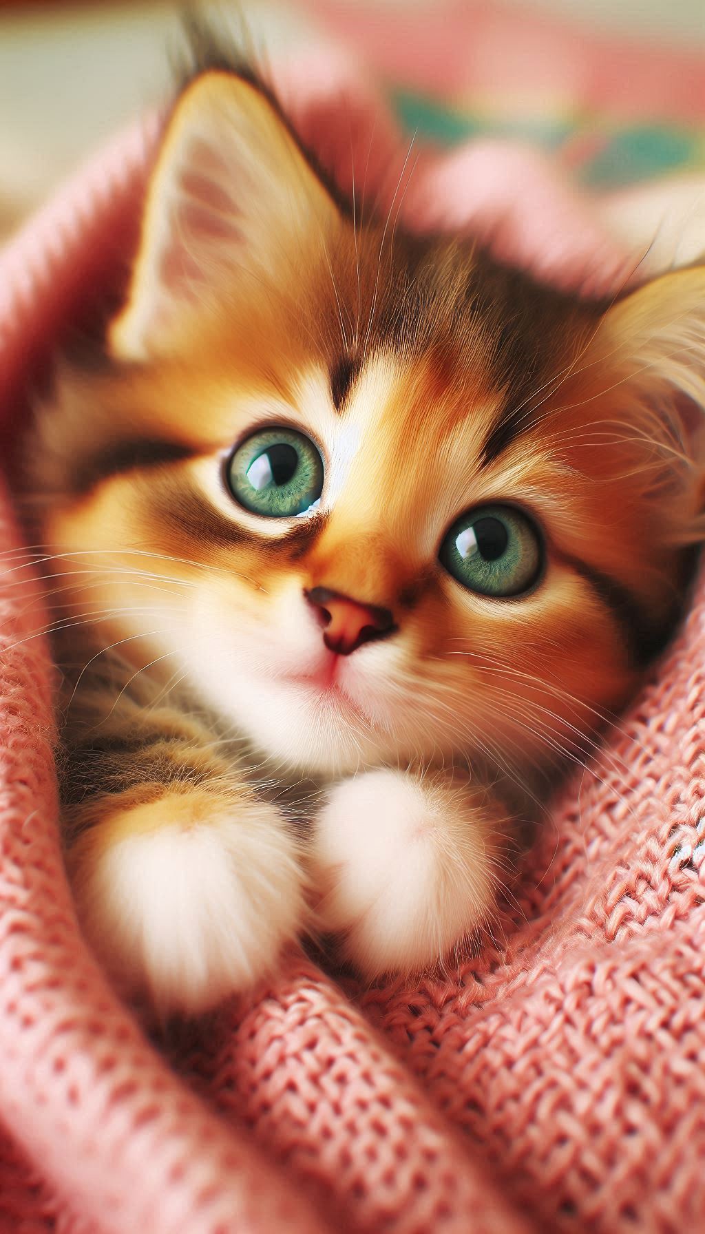 Close-up of a playful kitten with bright green eyes HD to floral background