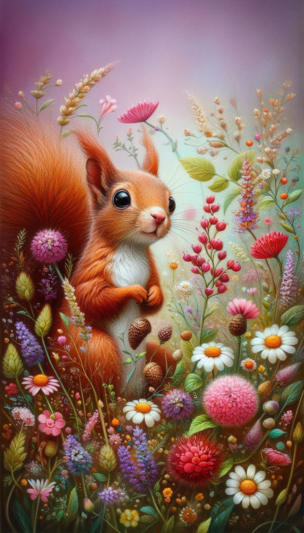 Close-up of a whimsical squirrel surrounded by wildflowers HD mobile wallpaper for iPhone