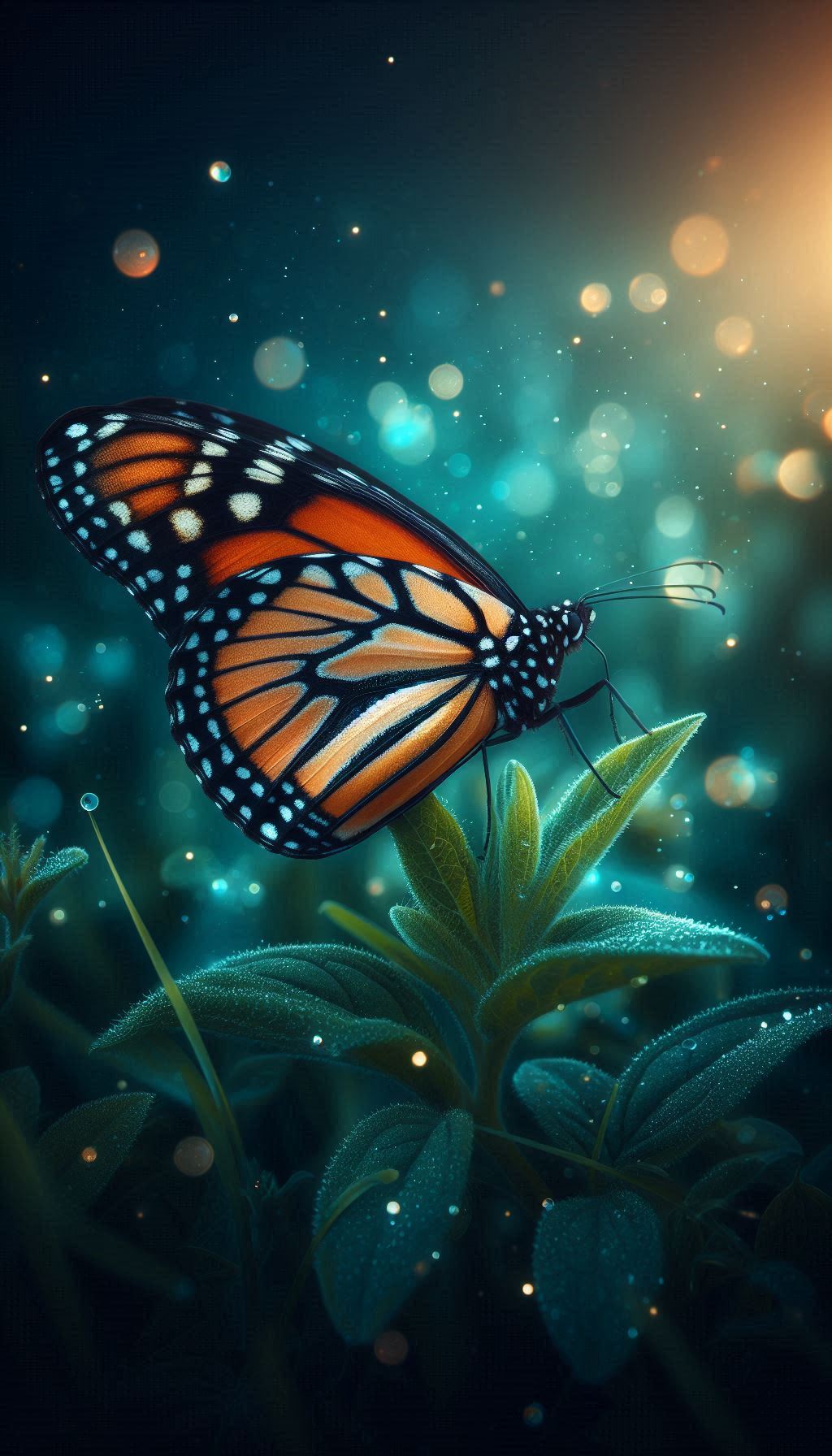 Close-up of monarch butterfly resting on green leaves wallpaper mobile background for android