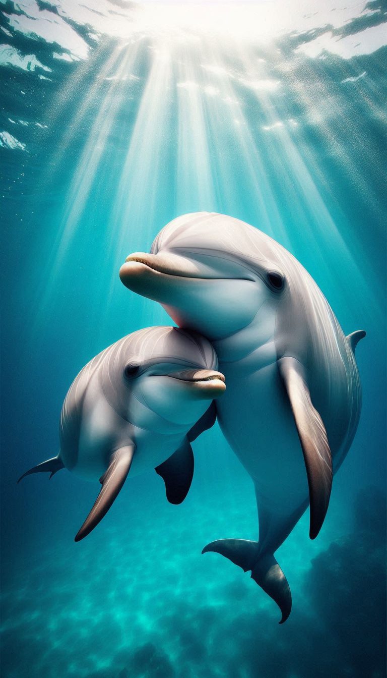Close-up of mother dolphin and baby's playful interaction endearing mobile wallpaper