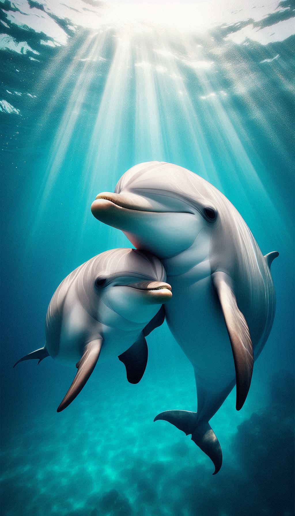 Close-up of mother dolphin and baby's playful interaction endearing mobile wallpaper