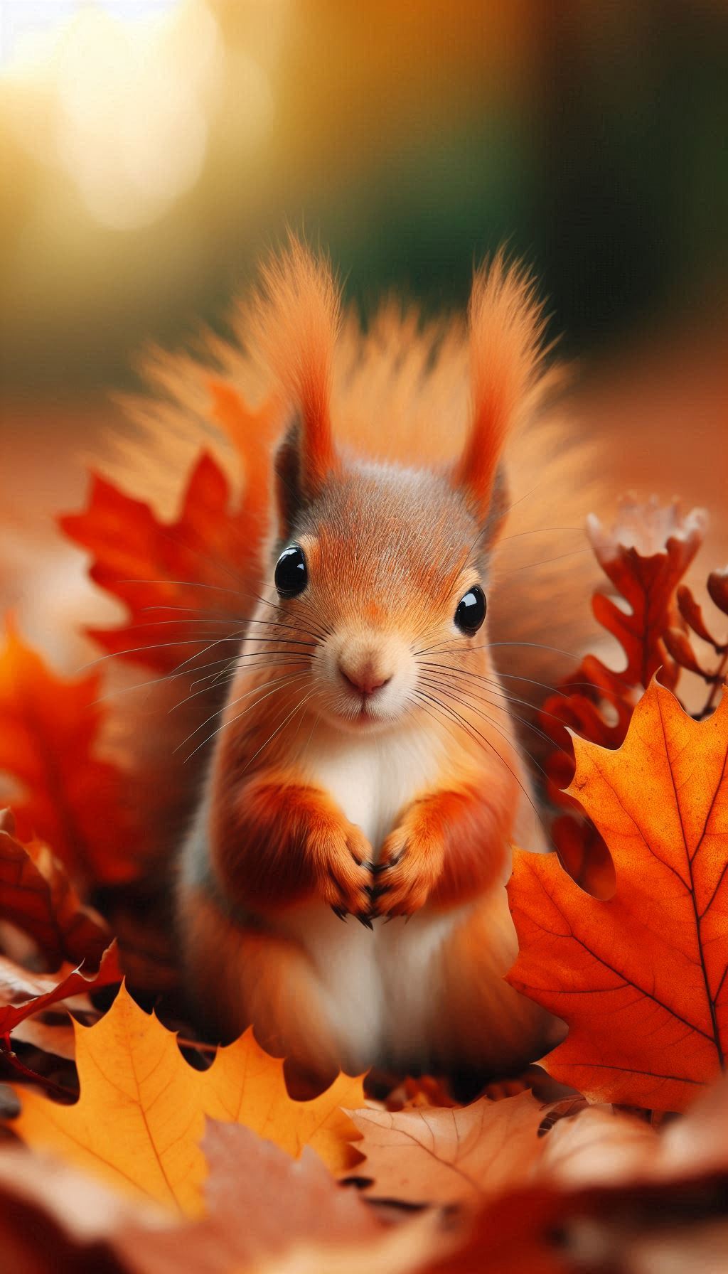 Close-up wallpaper of adorable squirrel with autumn leaves for smartphones