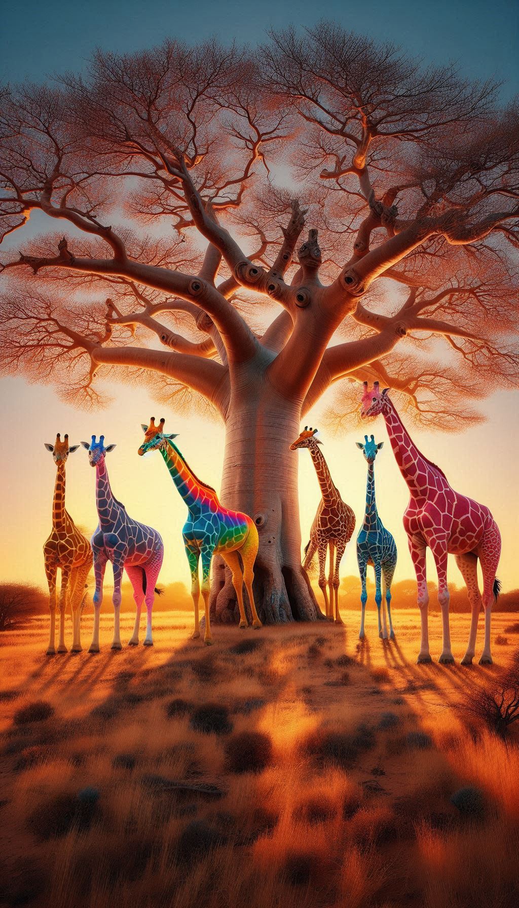 Colorful Giraffes Under a Canopy of Baobab Trees