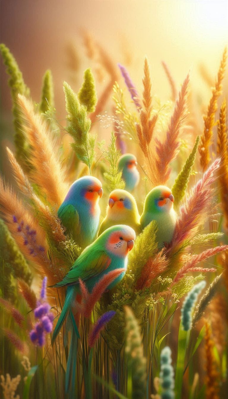 Colorful Grass Parrots Amongst Lush Green Grasses in a Sunny Meadow