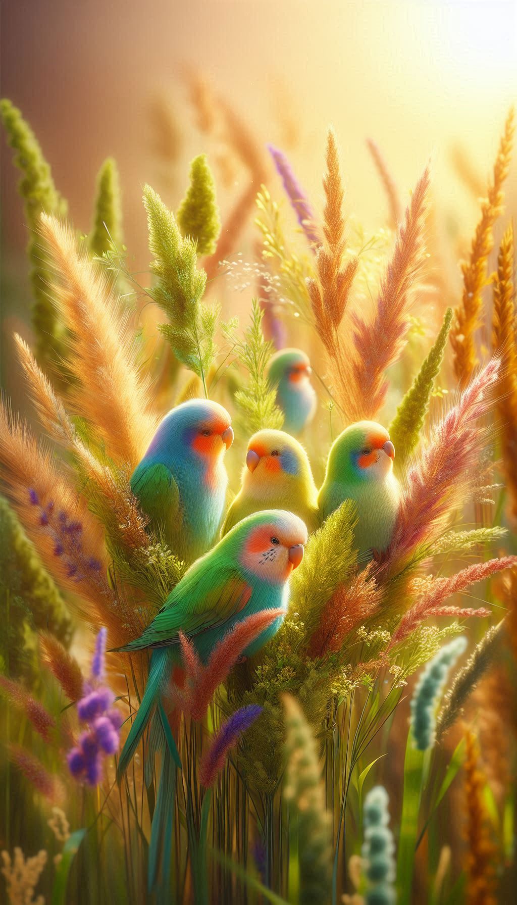 Colorful Grass Parrots Amongst Lush Green Grasses in a Sunny Meadow