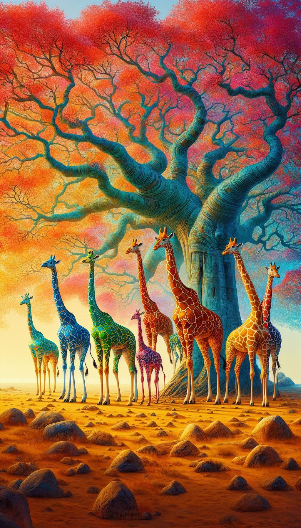 Colorful giraffe background under canopy of baobab trees for Android