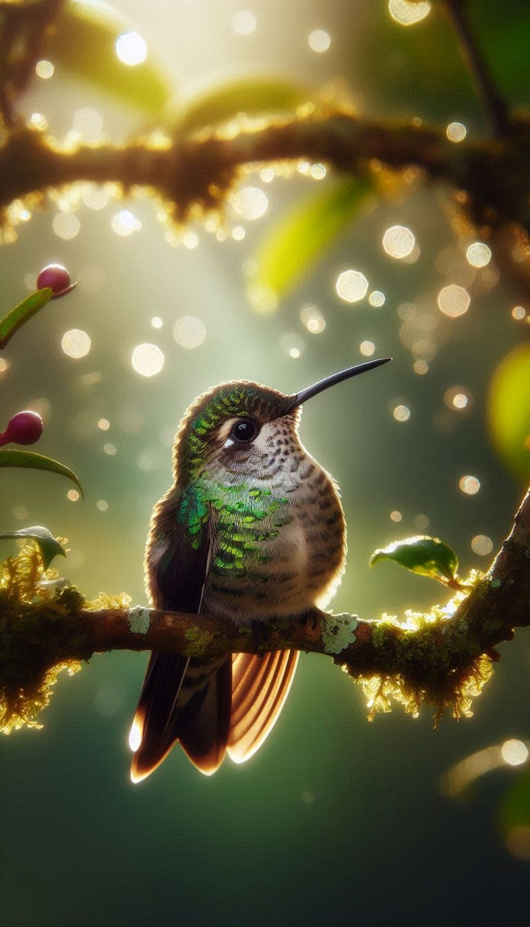 Cool spotted hummingbird sitting on a branch with speckled lights for android phone