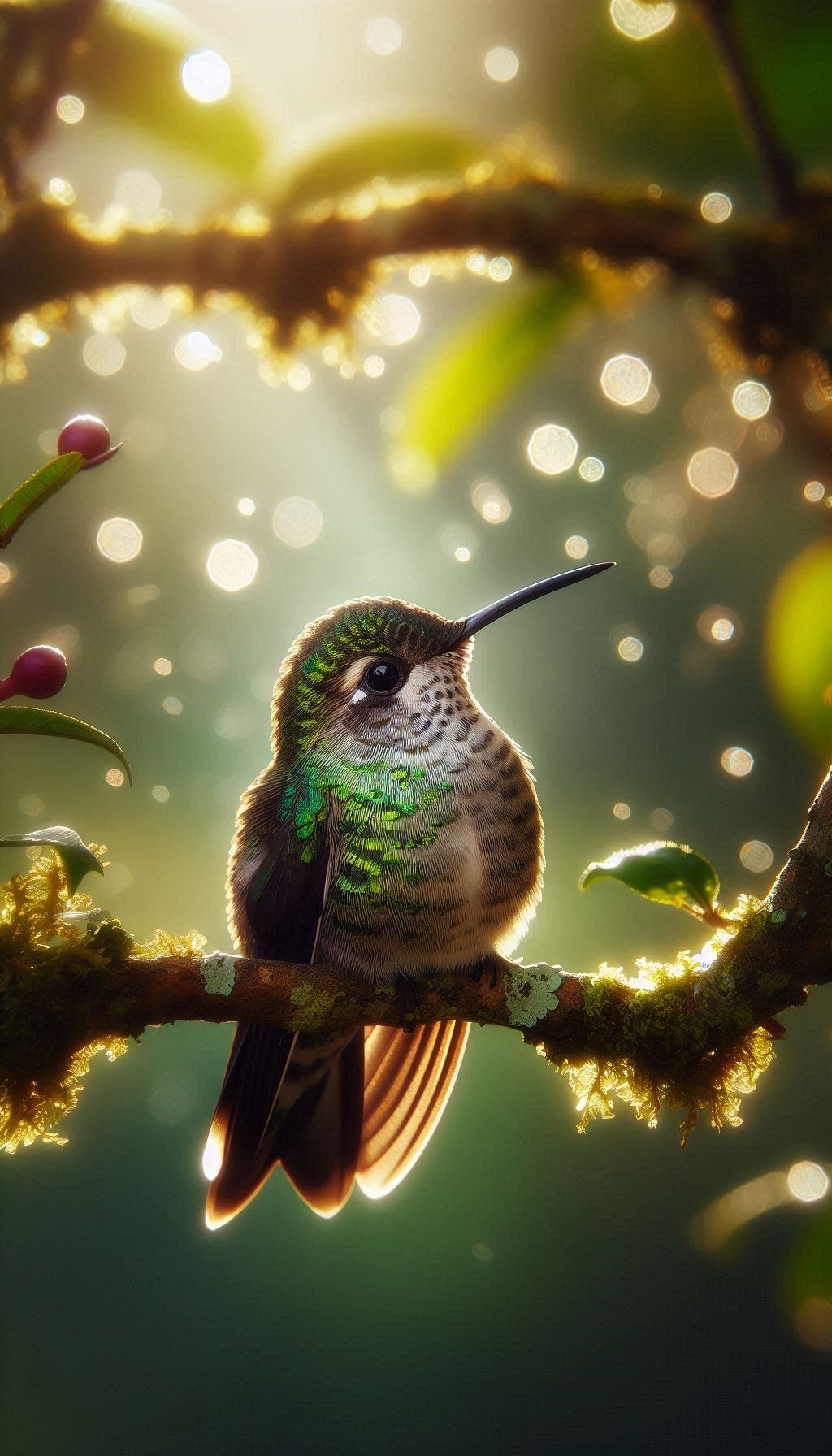 Cool spotted hummingbird sitting on a branch with speckled lights for android phone
