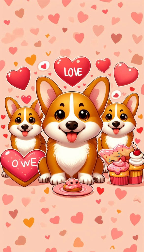 Corgi Love Cartoon Style Hearts and Corgis Wallpaper Mobile Background