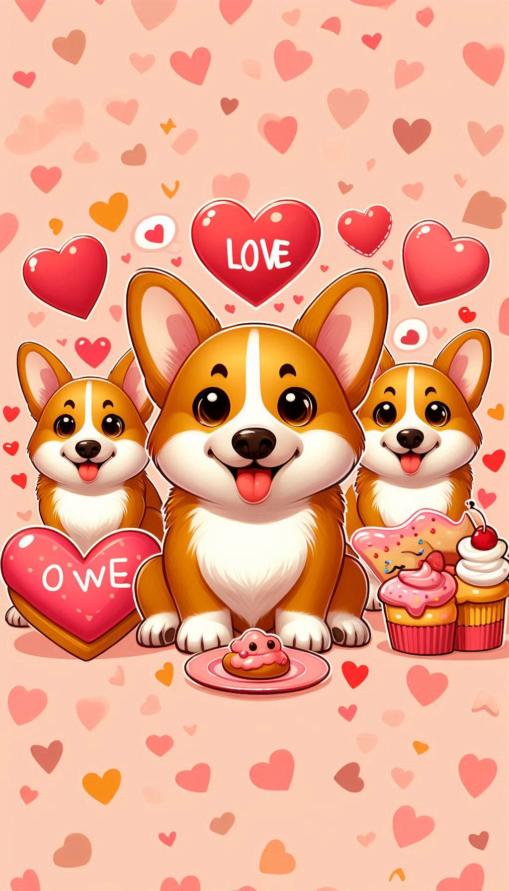 Corgi Love Cartoon Style Hearts and Corgis Wallpaper Mobile Background