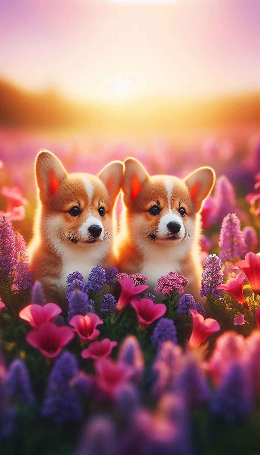 Corgi Siblings Exploring a Flower Field Vibrant Wallpaper