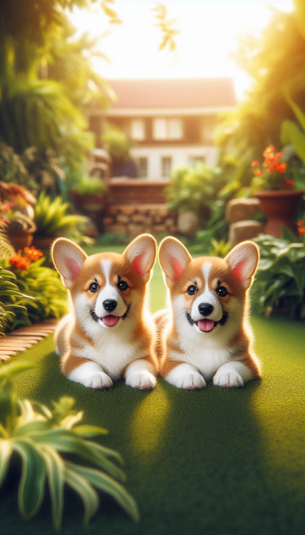 Corgi Siblings at Play in a Garden Nature-Inspired Wallpaper