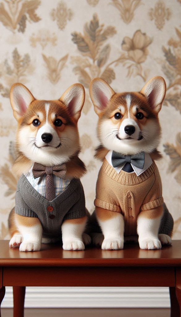 Corgi Siblings in Matching Outfits Stylish Wallpaper Look