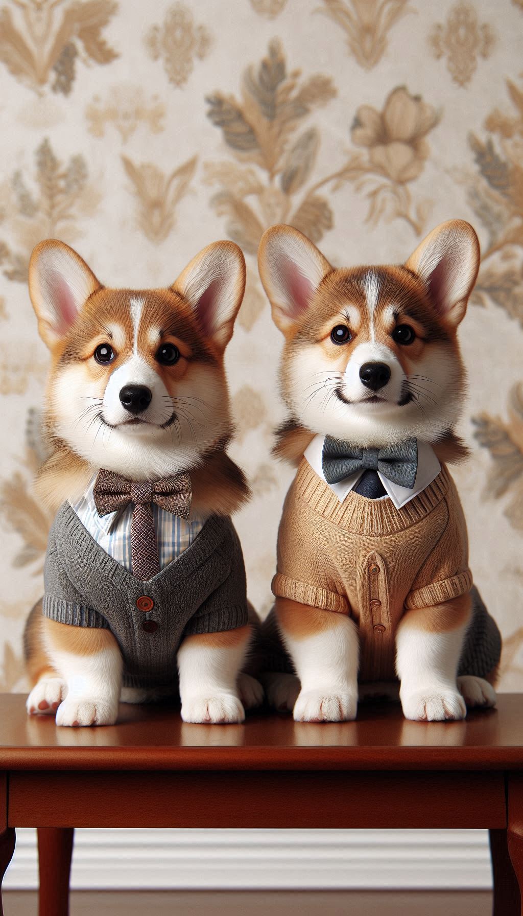 Corgi Siblings in Matching Outfits Stylish Wallpaper Look