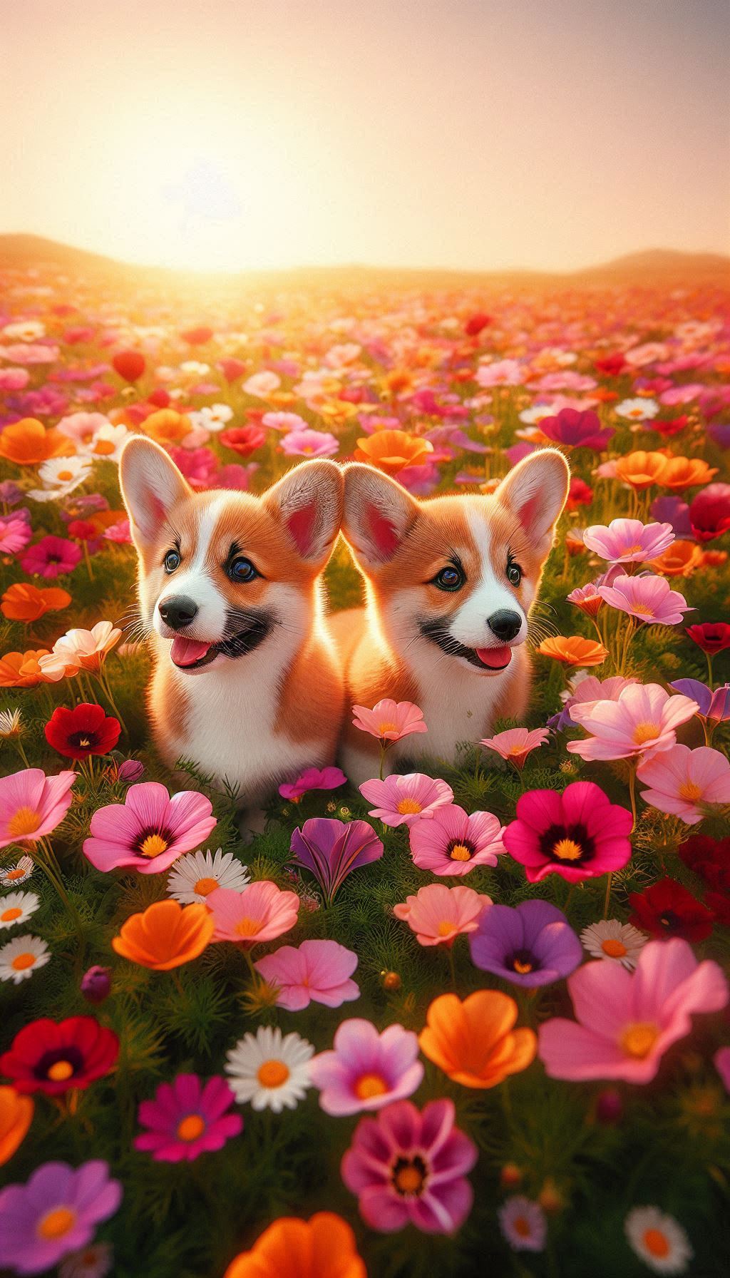 Corgi siblings exploring a flower field live wallpaper for iPhone