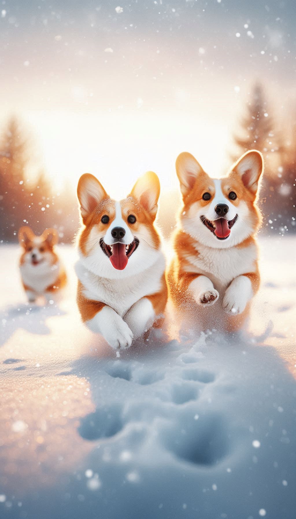 Corgis frolicking in fresh snow Delightful winter HD mobile wallpaper for iPhone