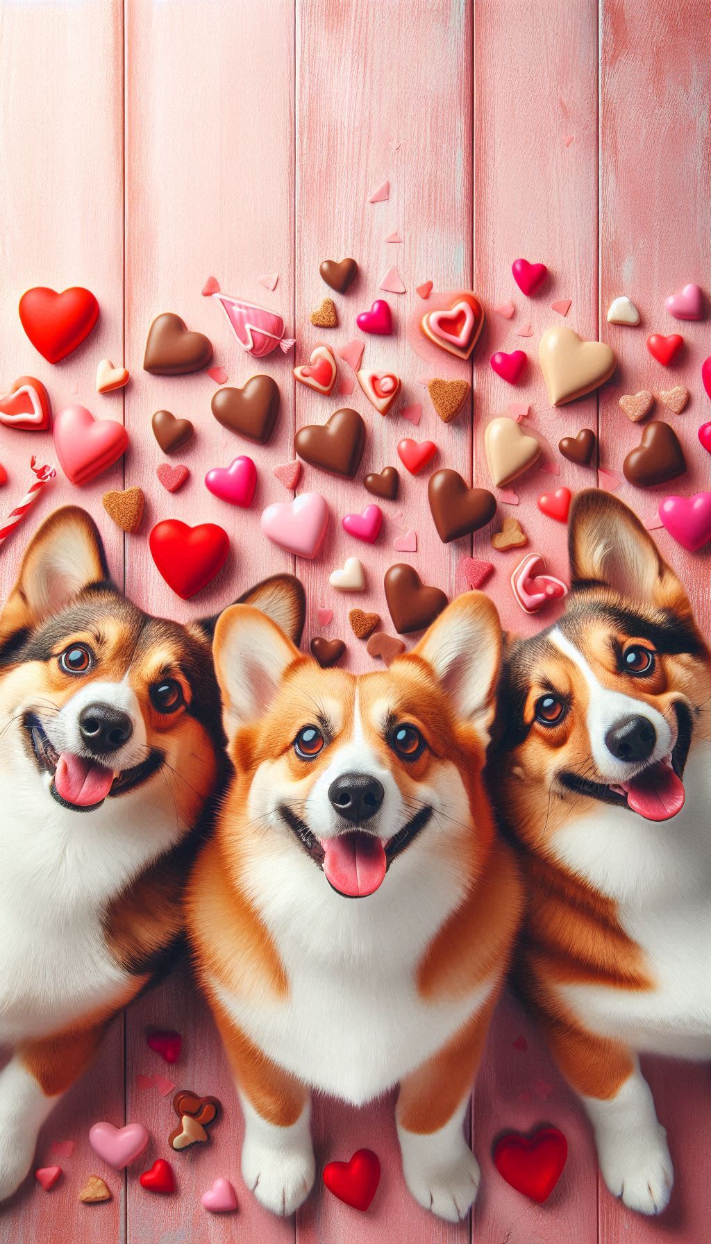 Corgis with heart-shaped treats Funny wallpaper mobile for pet lovers