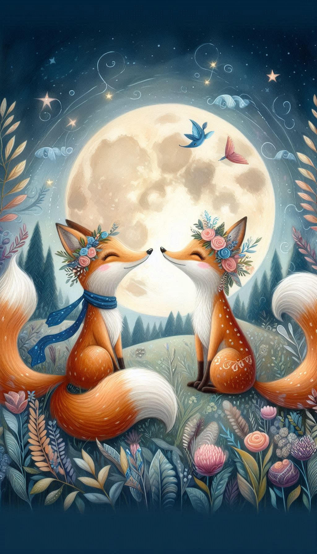Crazy fox couple sitting peacefully together looking at the full moon HD digital background