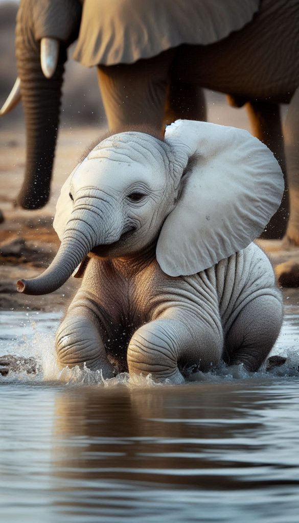 Cuddly Baby Elephant Splashing in a Waterhole on a Hot Day