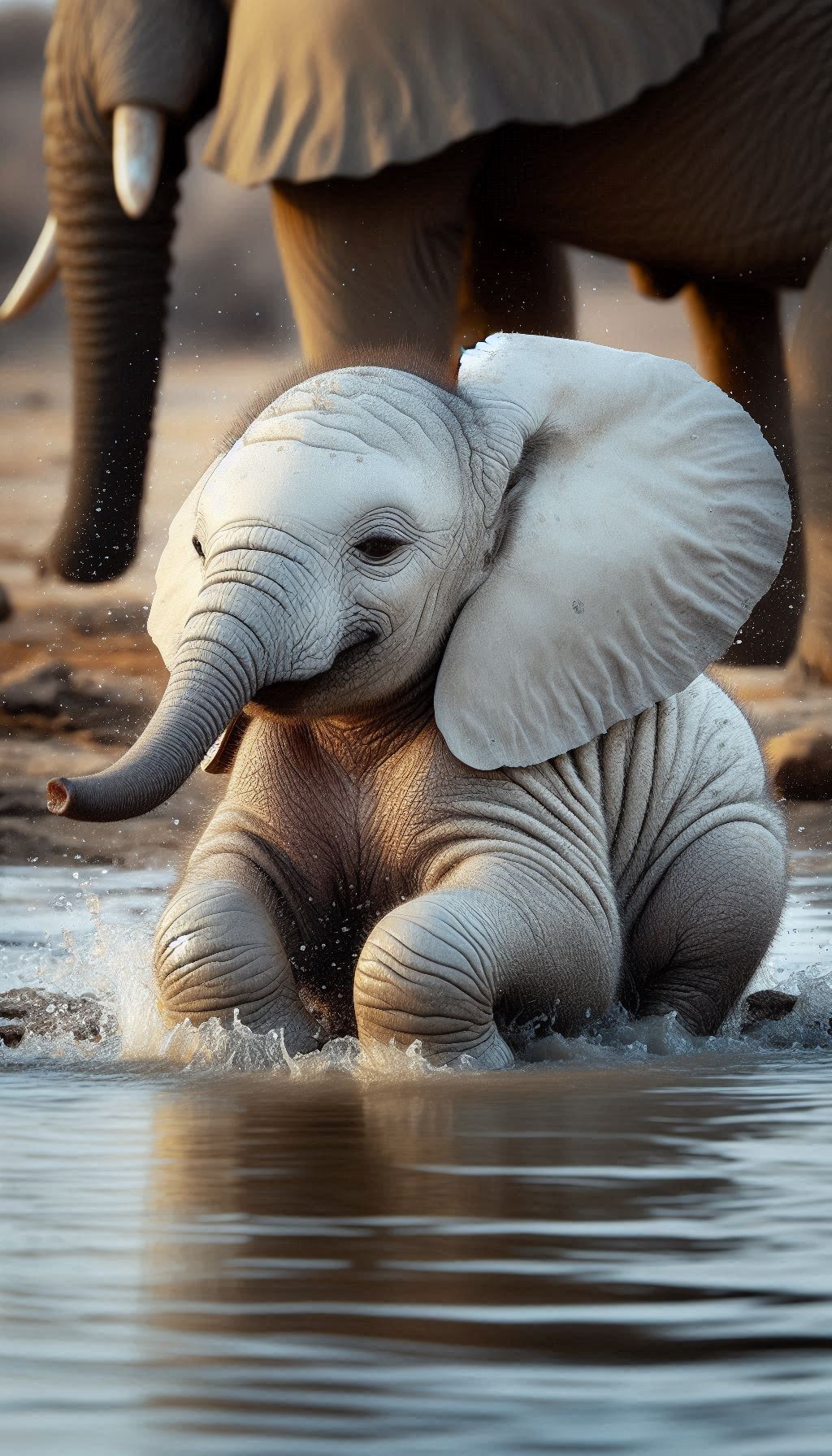 Cuddly Baby Elephant Splashing in a Waterhole on a Hot Day