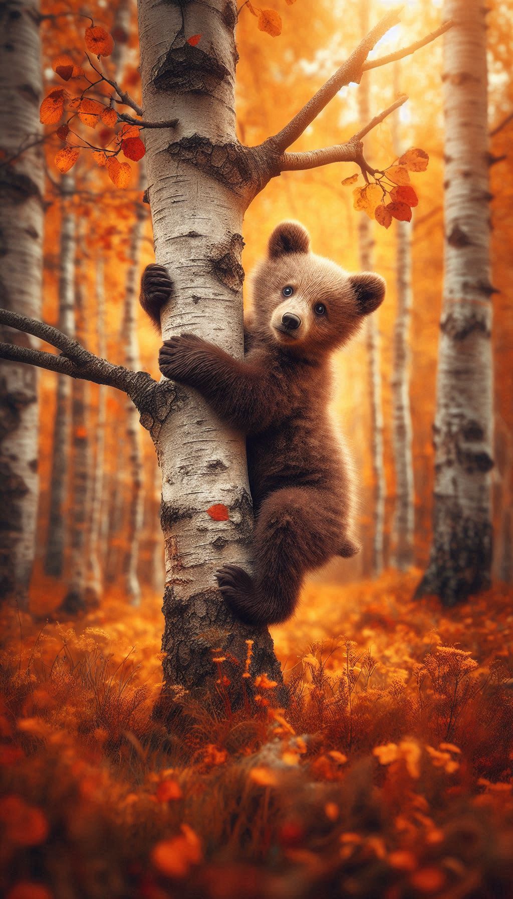 Cuddly Bear Cub Climbing a Tree in Autumn Colors